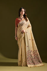 Pichwai Lotus Floral Weaving Muga Cotton Saree