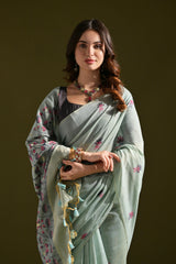 Pichwai Lotus Floral Weaving Muga Cotton Saree