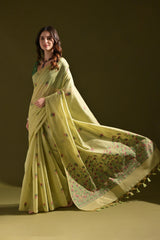 Pichwai Lotus Floral Weaving Muga Cotton Saree