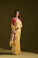 Pichwai Lotus Floral Weaving Muga Cotton Saree