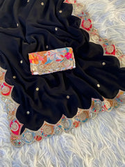 Pure Satin Georgette Appliqué Cutwork Border Saree