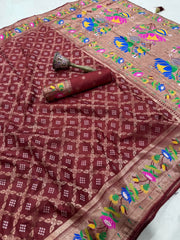 Dola Silk Flower Border Bandhej Paithani Saree