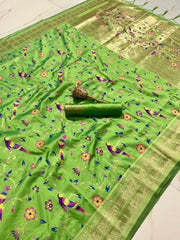 Parrot & Floral Weaving Paithani Soft Silk Saree