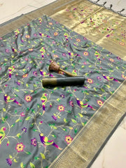 Parrot & Floral Weaving Paithani Soft Silk Saree
