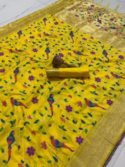 Parrot & Floral Weaving Paithani Soft Silk Saree