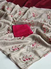 Paper Silk Floral Embroidery Zari Lace Saree