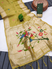 Pure Muga Cotton Parrot Paithani Saree