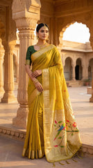 Pure Muga Cotton Parrot Paithani Saree