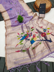 Pure Muga Cotton Parrot Paithani Saree