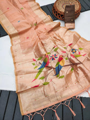 Pure Muga Cotton Parrot Paithani Saree