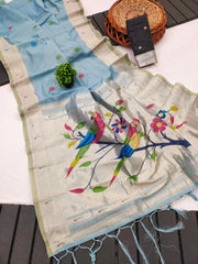 Pure Muga Cotton Parrot Paithani Saree