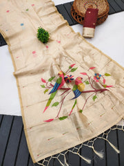 Pure Muga Cotton Parrot Paithani Saree