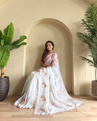 Pure Paper Silk Crush Embroidery & Swarovski Work Saree