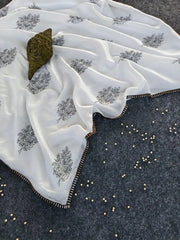 Pure Chinnon Black Thread Work Designer Saree