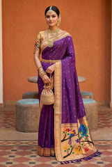 Paithani Silk Saree with Peacock Parrot Deer Meenakari Pallu