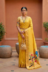 Paithani Silk Saree with Peacock Parrot Deer Meenakari Pallu