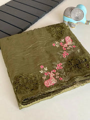 Premium Pure Crush Silk Embroidery & Cutwork Saree
