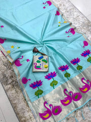 Most Trending Swan Lotus Khadi Raw SIlk Paithani Saree