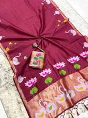 Most Trending Swan Lotus Khadi Raw SIlk Paithani Saree