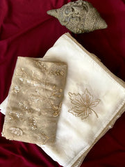 Pure Chinnon Leaf Embroidery & Golden Lace Border Saree