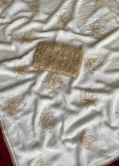 Pure Chinnon Leaf Embroidery & Golden Lace Border Saree