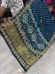 Gaji Silk Original Bandhani With Gota Pati Hand Work Saree