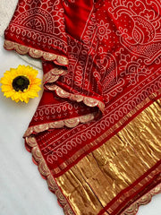 Pure Modal Silk Ajrakh Bandhani Saree with Lagadi Patta