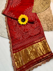 Pure Modal Silk Ajrakh Bandhani Saree with Lagadi Patta