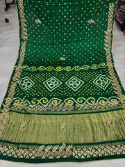 Pure Gaji Silk Lagdi Patta Gota Pati Hand Work Bandhani Saree