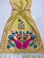 Soft Muga Cotton Muniya Border Paithani Saree