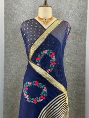 Viscose Georgette Embroidery Crown Thread Work Saree