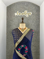 Viscose Georgette Embroidery Crown Thread Work Saree