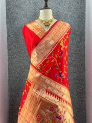 Parrot & Floral Weaving Paithani Soft Silk Saree