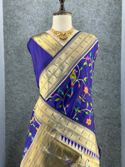 Parrot & Floral Weaving Paithani Soft Silk Saree