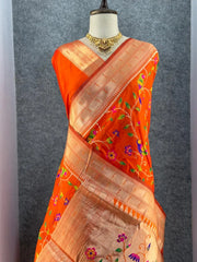 Parrot & Floral Weaving Paithani Soft Silk Saree