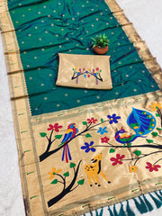 Paithani Silk Saree with Peacock Parrot Deer Meenakari Pallu