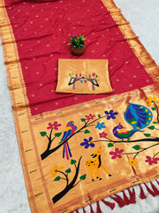 Paithani Silk Saree with Peacock Parrot Deer Meenakari Pallu