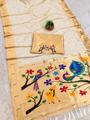 Paithani Silk Saree with Peacock Parrot Deer Meenakari Pallu