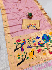 Paithani Silk Saree with Peacock Parrot Deer Meenakari Pallu