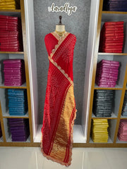 Pure Modal Silk Ajrakh Bandhani Saree with Lagadi Patta