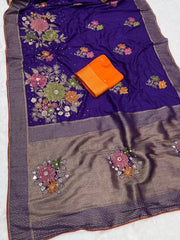 Pure Dola Silk Real Mirror Work Meenakari Saree