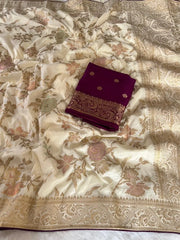 Dola Silk Cream Flowery Banarasi Saree