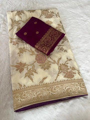 Dola Silk Cream Flowery Banarasi Saree