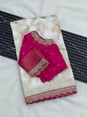 Heavy Dola Silk Weaving & Embroidery Border Saree (Unstiched Blouse)