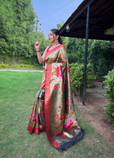 Black Maharastrian Designer Paithani Soft Silk Saree