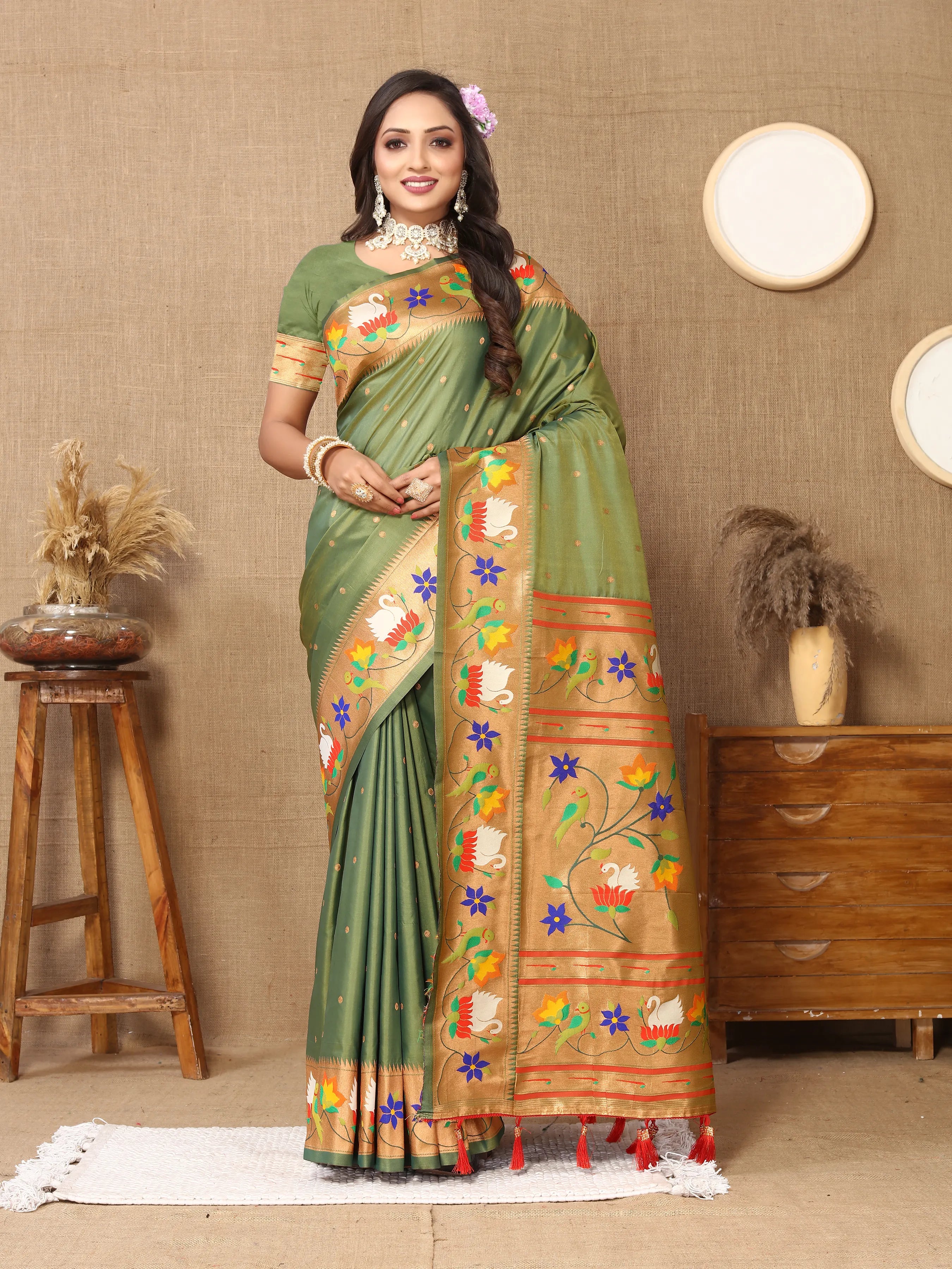 Soft Silk Meenakari Rajhans Lotus Pallu Zari Woven Saree (Product Code: AS-722)