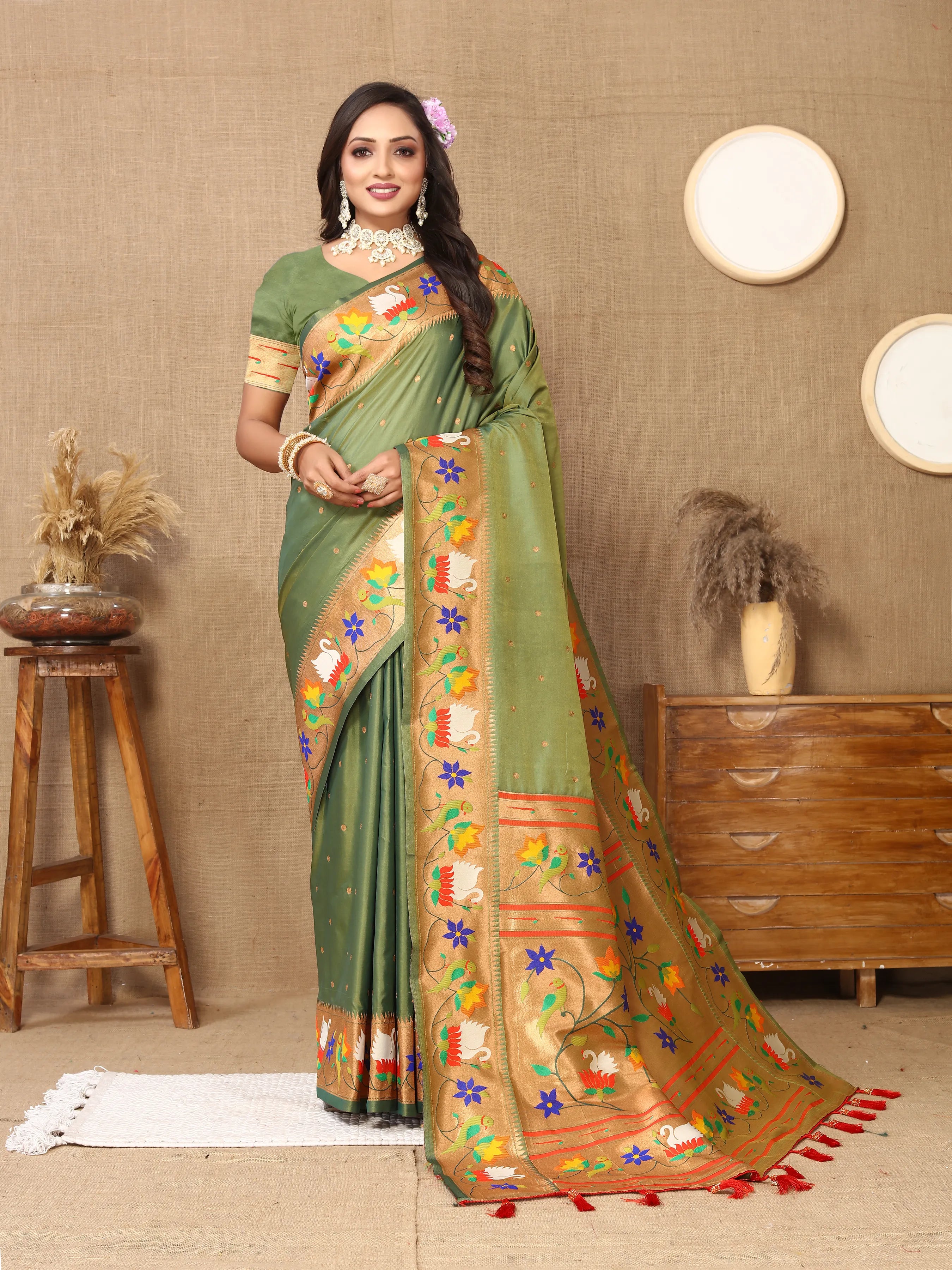 Soft Silk Meenakari Rajhans Lotus Pallu Zari Woven Saree (Product Code: AS-722)
