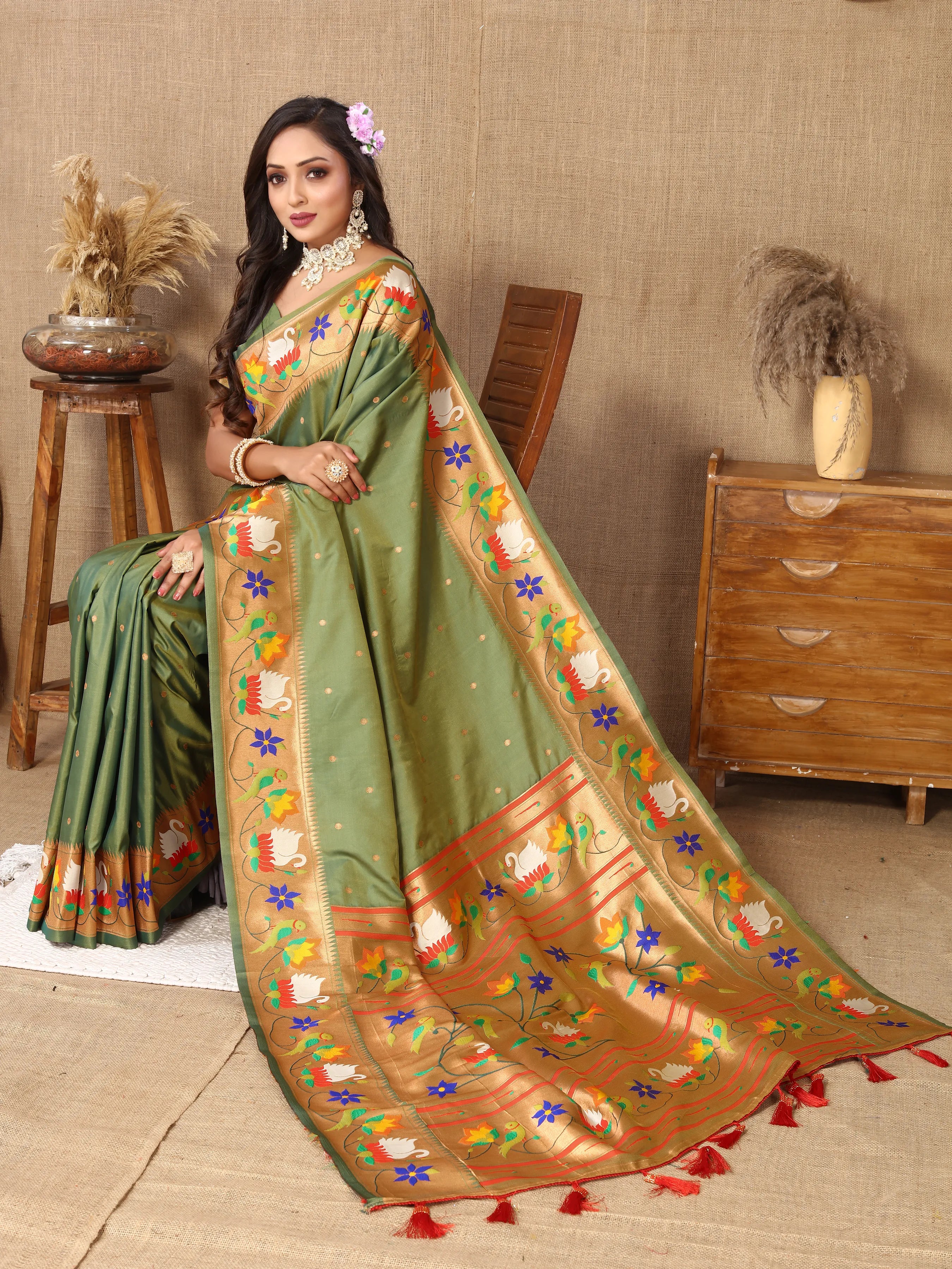 Soft Silk Meenakari Rajhans Lotus Pallu Zari Woven Saree (Product Code: AS-722)