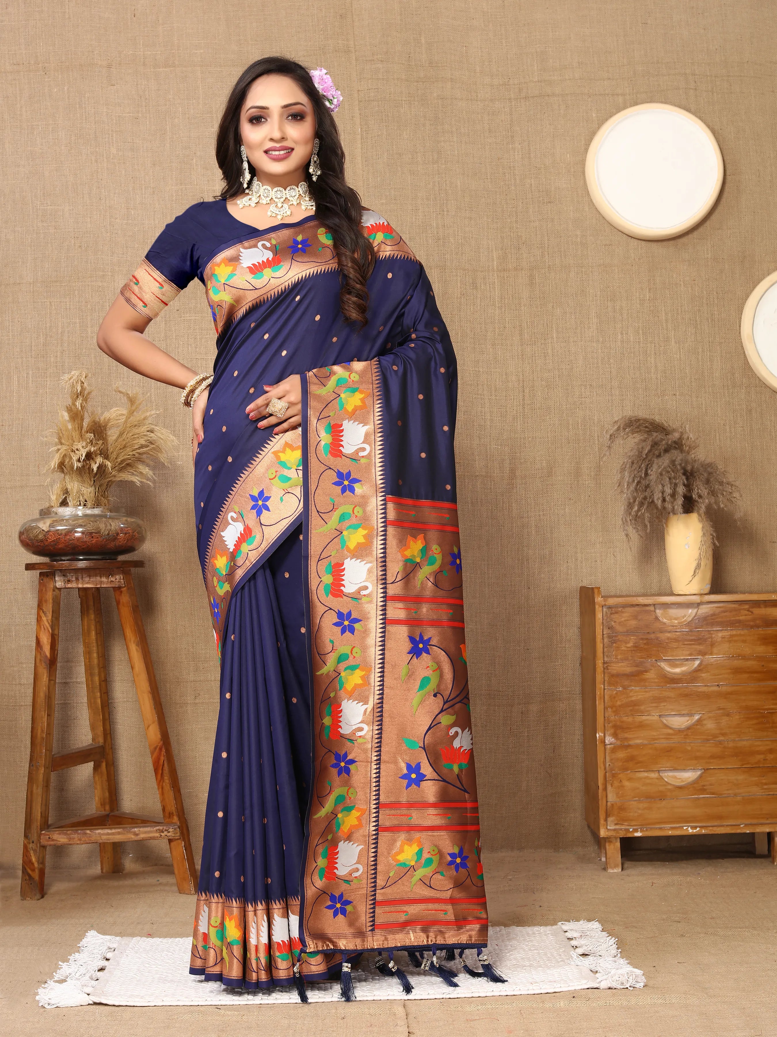 Soft Silk Meenakari Rajhans Lotus Pallu Zari Woven Saree (Product Code: AS-722)