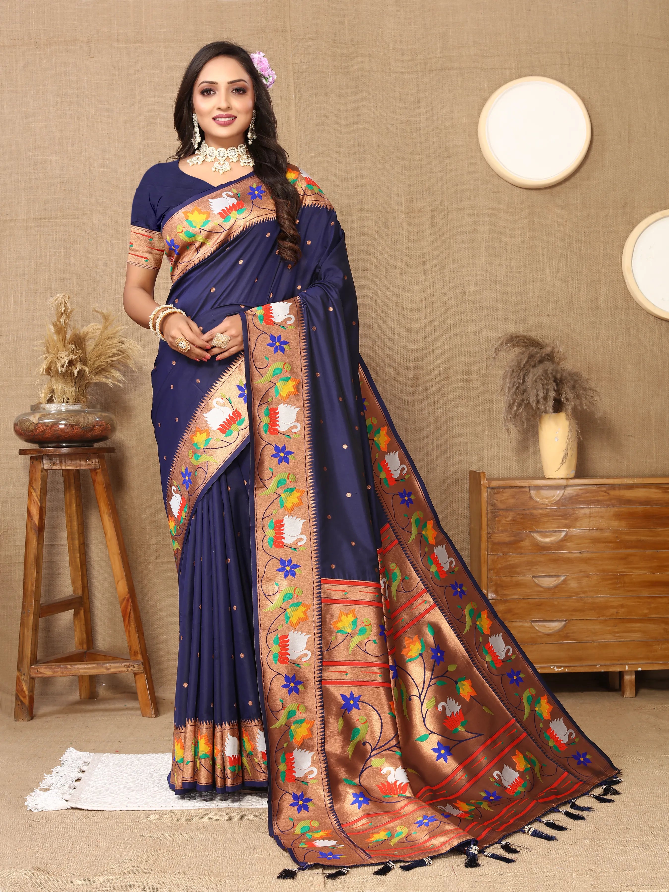 Soft Silk Meenakari Rajhans Lotus Pallu Zari Woven Saree (Product Code: AS-722)
